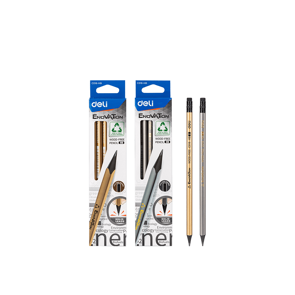 DELI ΜΟΛΥΒΙ ΤΡΙΓΩΝΙΚΟ ΜΕ ΓΟΜΑ HB WOOD-FREE BLISTER ENOVATION ΧΡΥΣΟ/ΑΣΗΜΙ 12 ΤΕΜΑΧΙΑ
